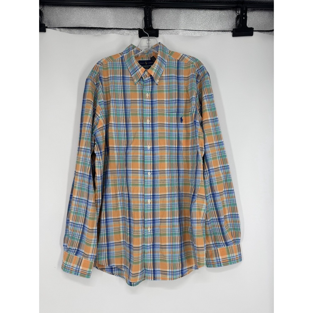 Polo Ralph Lauren Shirt Orange Blue Plaid Cotton Stretch Long Sleeve Button Down